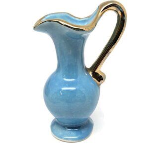 Mid Century Modern Ceramic Turquoise Blue Miniature Pitcher Vase w/ Gold Trimvvv